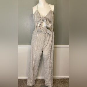 Significant Other Linen Blend Jumpsuit Striped Halter Cut Out Tie Front Belted